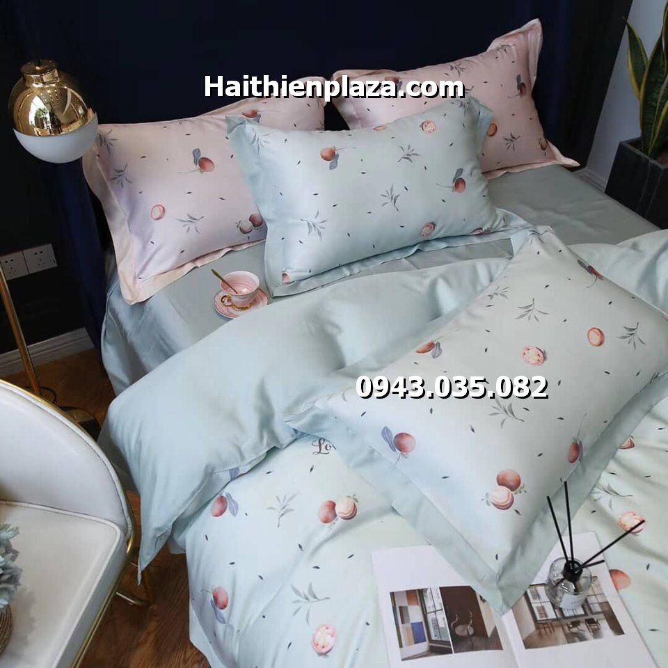 Chăn ga gối lụa tencel mầu xanh 1429 chăn ga gối cao cấp mầu xanh ngọc