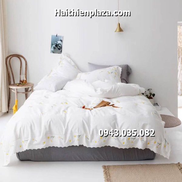 Chăn ga gối cúc họa mi mầu trắng