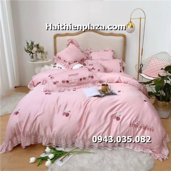 Chăn ga lụa Tencel hình quả dâu tây