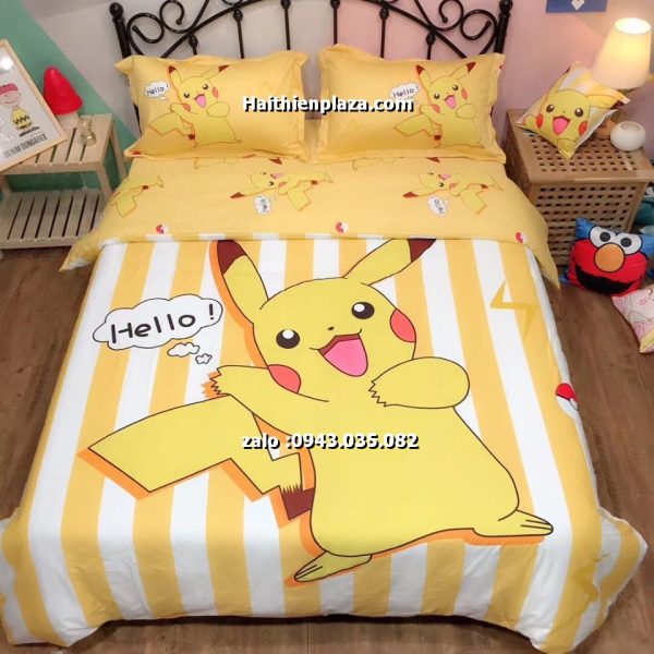 Bộ chăn ga trẻ em hình Pikachu mầu vàng