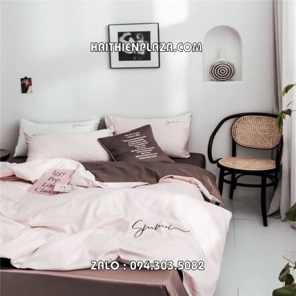 Chăn ga mầu hồng phối lụa tencel