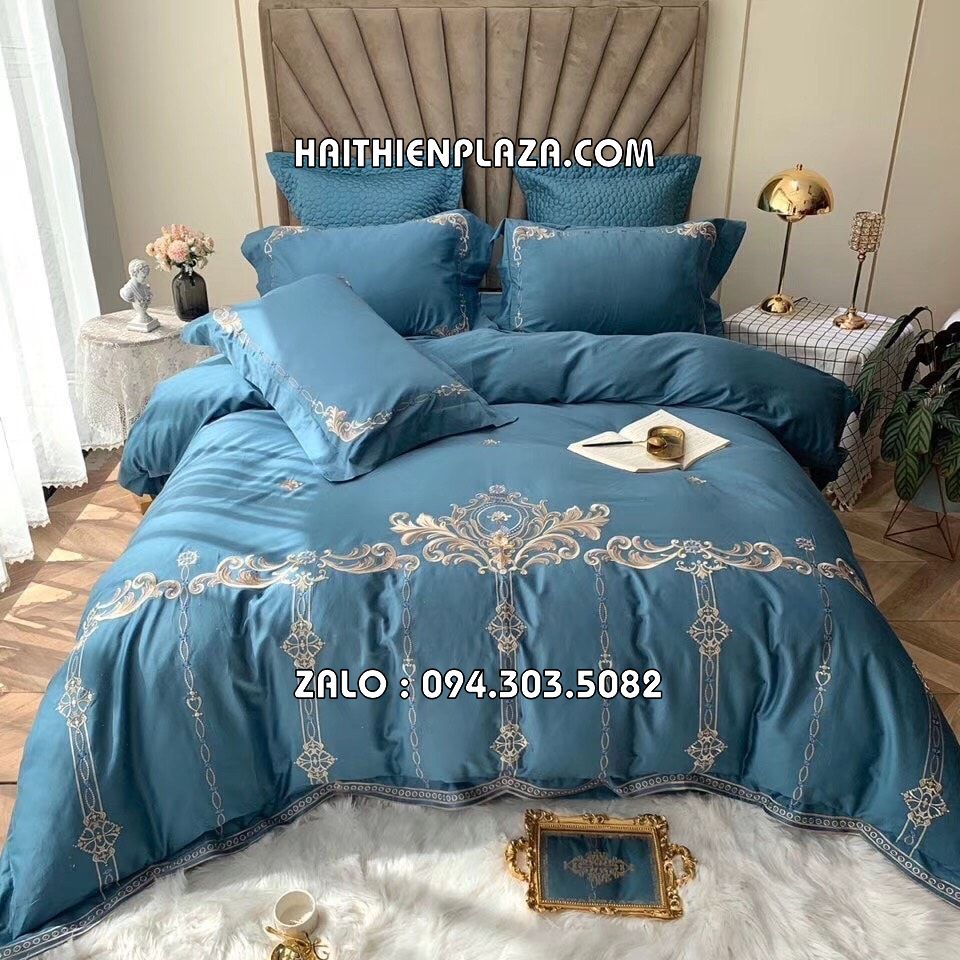 Chăn ga cao cấp mầu xanh lụa 6 món Chăn ga cao cấp mầu xanh lụa 6 món