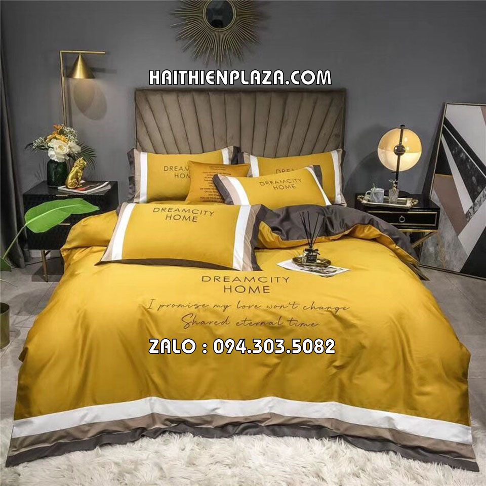 Chăn ga cao cấp vàng phối ghi Chăn ga cao cấp vàng phối ghi