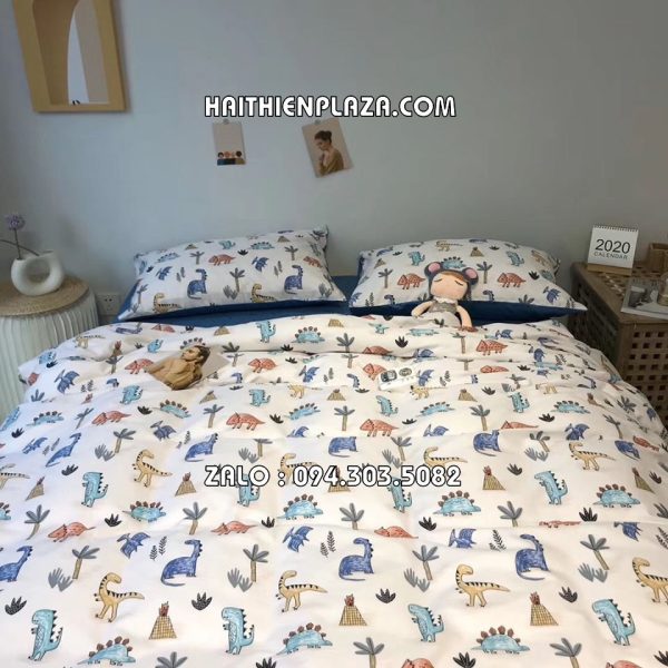Chăn ga gối hình khủng long chất cotton