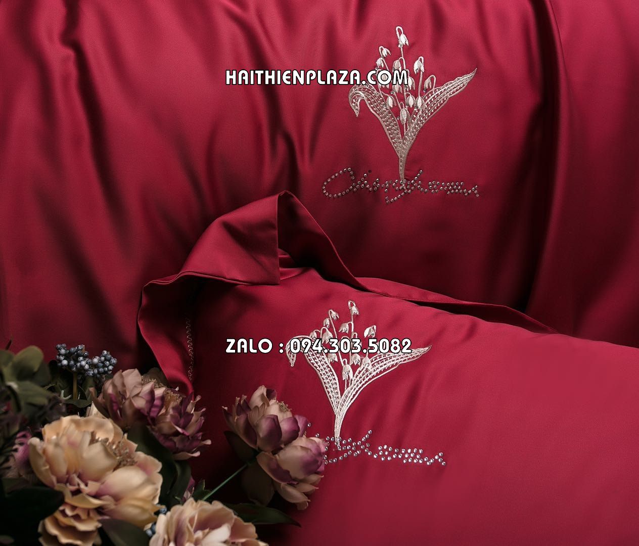 Chăn ga lụa tencel mầu đỏ trơn 2624 chi tiết đính đá