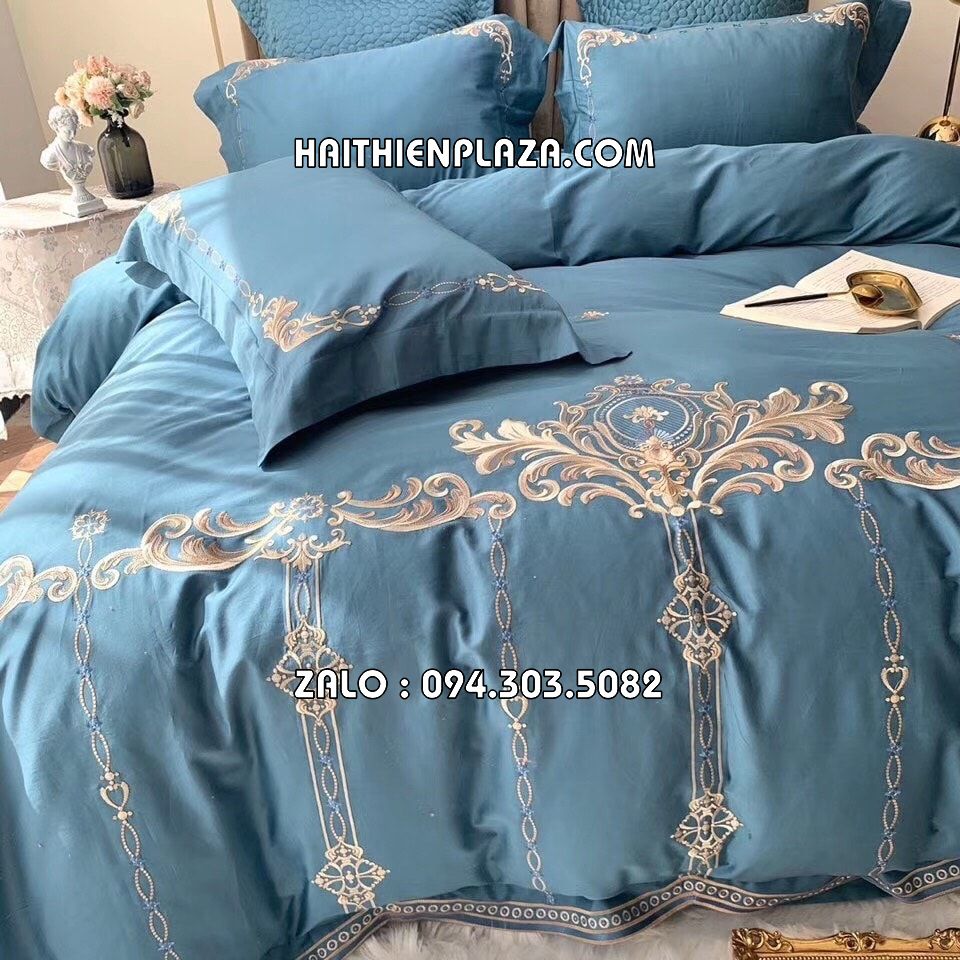 Chăn ga cao cấp mầu xanh lụa 6 món 2653 vỏ chăn mầu xanh trơn