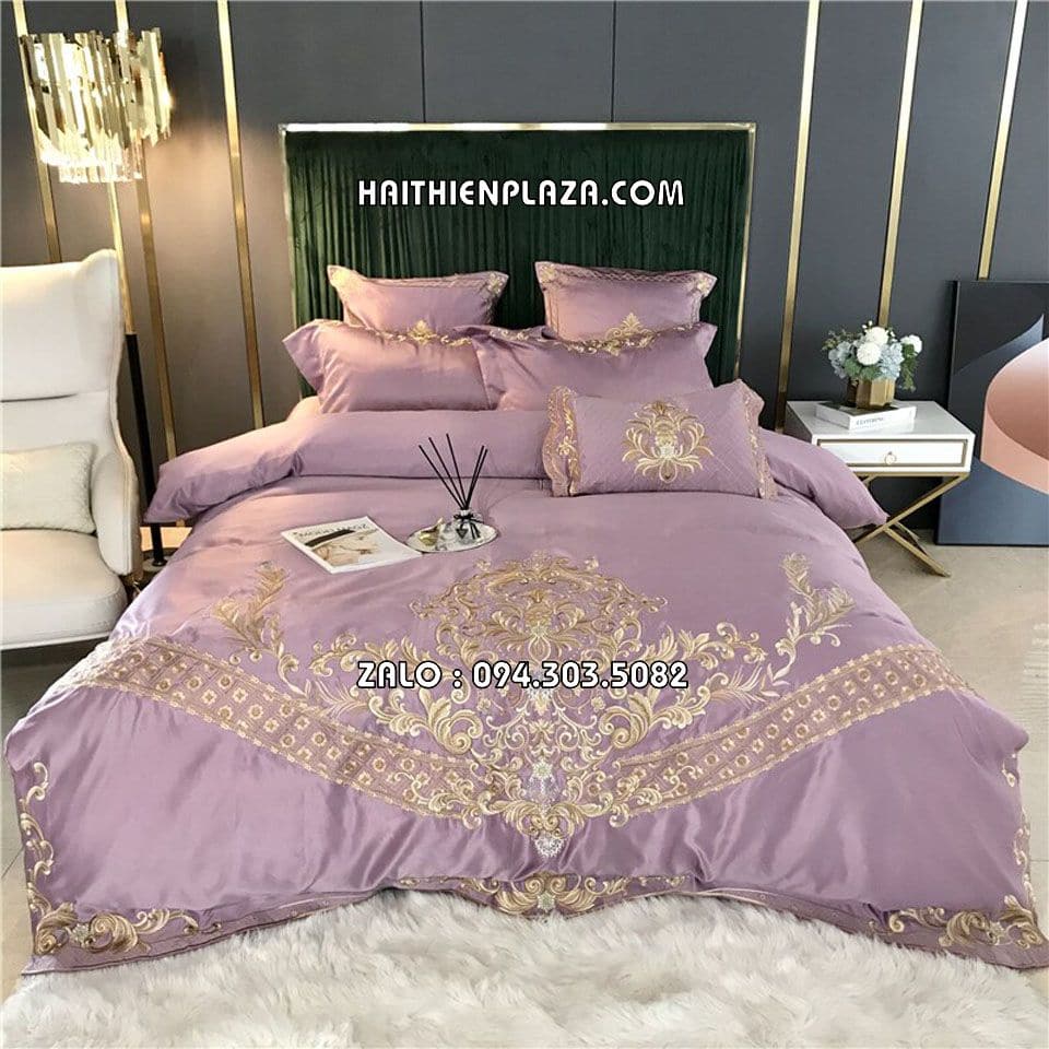 Bộ chăn ga gối đệm màu tím lụa silk Bộ chăn ga gối đệm màu tím lụa silk