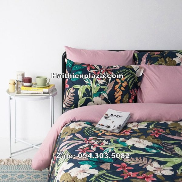 Bộ chăn ga cotton hàn hồng mix xanh