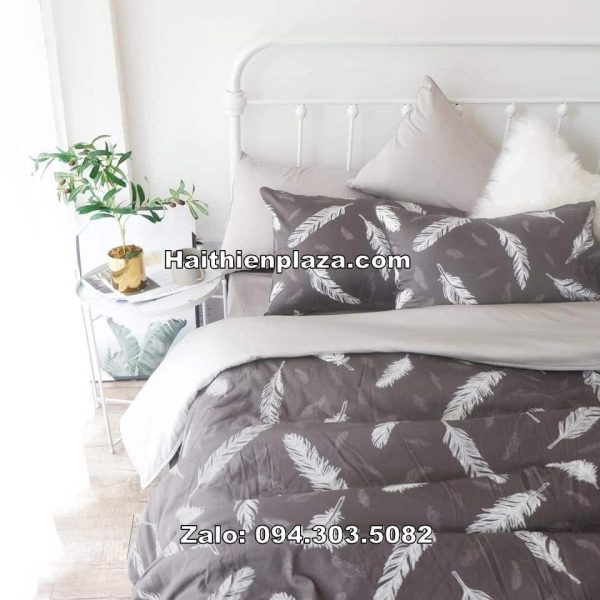 Bộ chăn ga cotton hàn lông vũ mầu xám