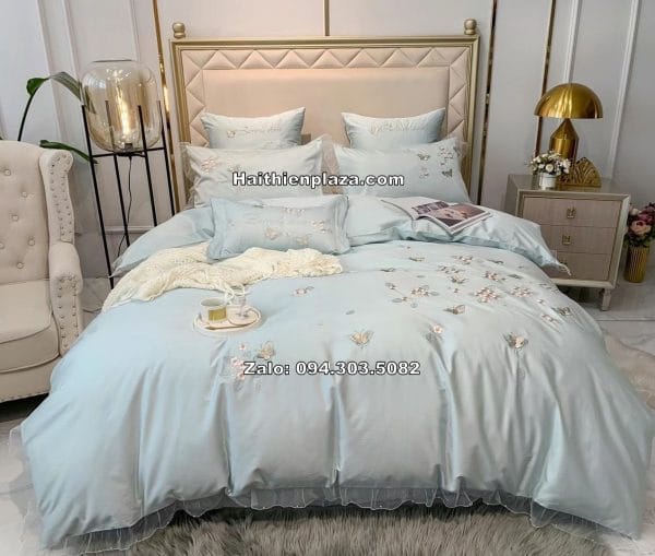 Vỏ chăn ga cao cấp mầu xanh họa tiết hoa