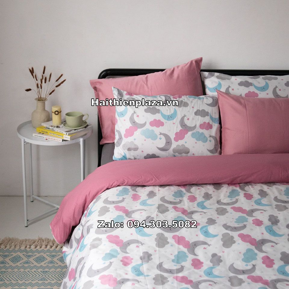 Bộ chăn ga cotton hoa tiết ông trăng 845 Bộ chăn ga cotton hoa tiết ông trăng