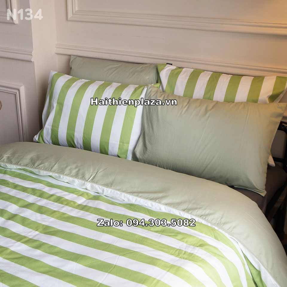 Bộ chăn ga kẻ sọc mầu xanh cotton hàn 845 Bo chan ga ke soc mau xanh cotton han