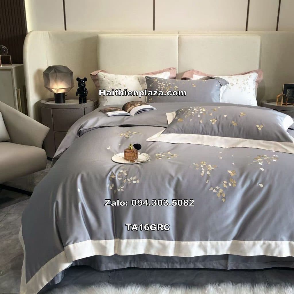 Bộ chăn ga mầu xám cao cấp hoa nhí