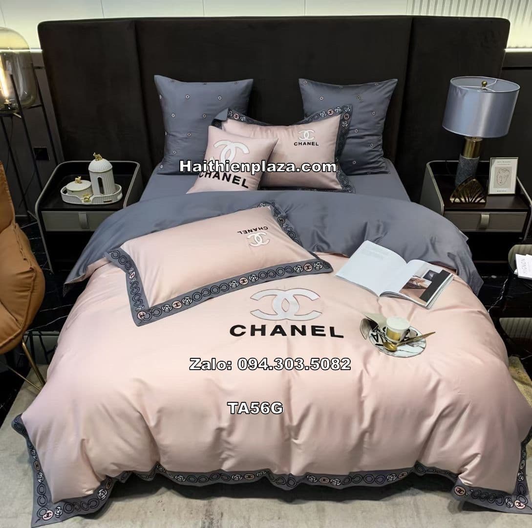 Bộ chăn ga mầu xám thương hiệu Chanel