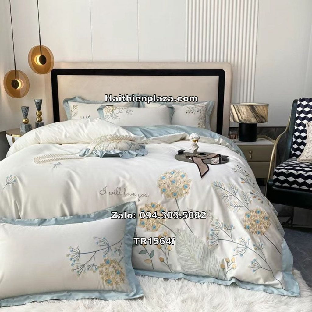 Chăn ga gối mầu xanh hoa bồ công anh