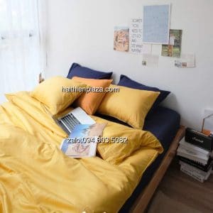 Chăn ga một mầu vàng mix xanh dương 893 Chan ga mot mau vang mix xanh duong