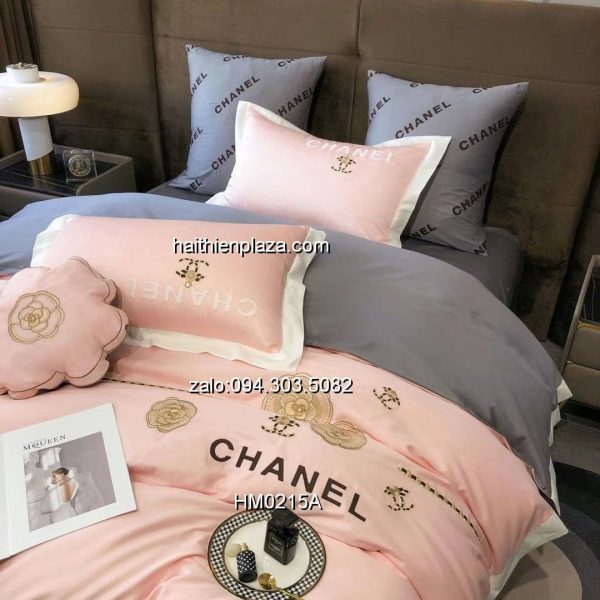 Chăn ga thương hiệu Chanel hồng mix xám