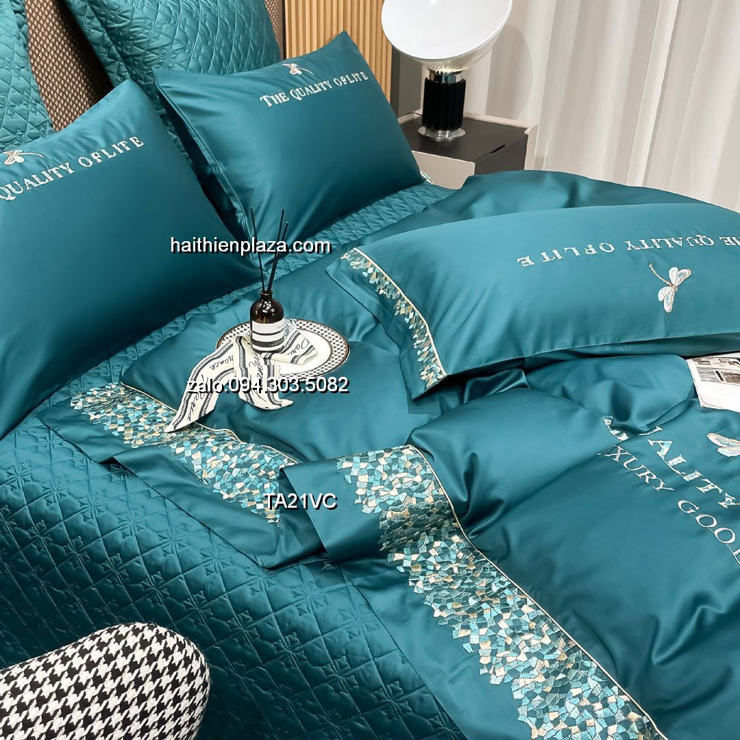Ga phủ giường cao cấp mầu xanh