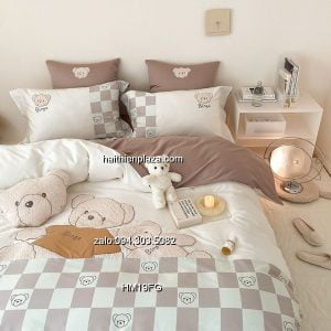 Bộ chăn ga hình gấu dễ thương lụa 100S 517 Bo chan ga hinh gau de thuong lua 100S