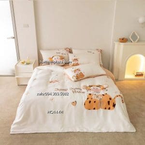 Bộ chăn ga lụa tencel hình hổ Jump 902 Bo chan ga lua tencel hinh ho Jump