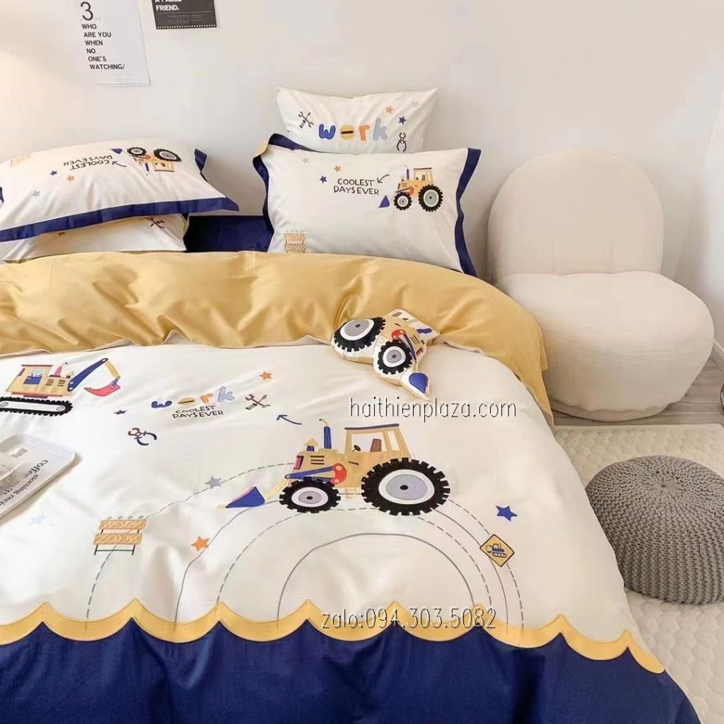 Chăn ga hình máy ủi,máy xúc vải lụa tencel