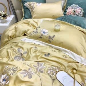 Bộ chăn ga mầu hoa vàng lụa tencel 942 Bo chan ga mau hoa vang lua tencel