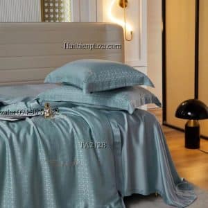 Chăn ga một mầu xanh lụa tencel 100s 943 Chan ga lua tencel mot mau xanh